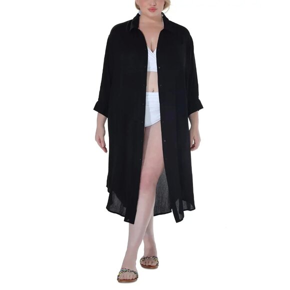 Raviya Plus Size Button Down Midi Cover Up Dress 3X Black $58 - Picture 1 of 2